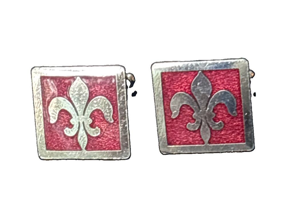 Vintage Red Enamel Fleur De Lis Cuff Links Gold Tone Royal Fleur De Liz Square